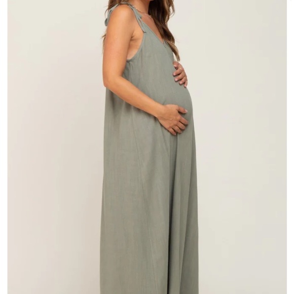Light Olive Linen V-Neck Tie Strap Maternity Maxi Dress (PINKBLUSH) - Picture 5 of 8